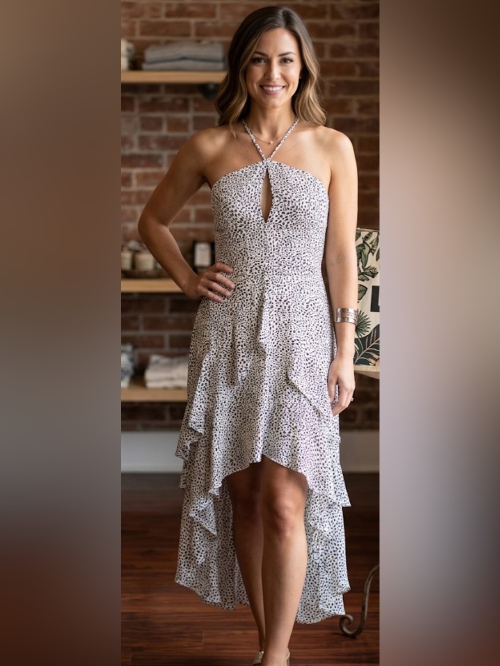 Lush White Strapless Speckle Ruffle High-Low Dressap no